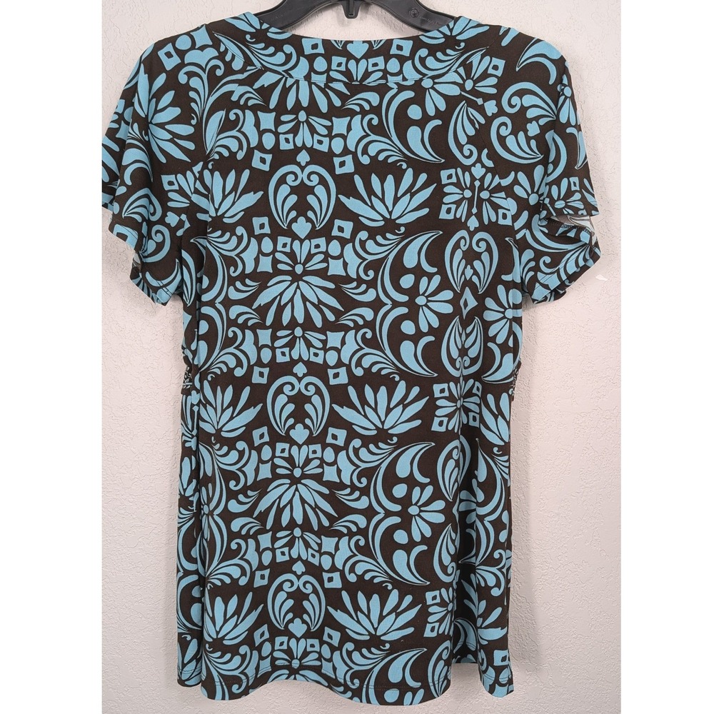 Apt. 9 Faux Wrap Top Women Large Brown Blue Short Sleeve Rhinestone V-Neck - Picture 3 of 9
